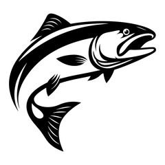 Elegant black and white stylized illustration of a leaping salmon fish