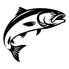 A stunning black and white illustration of a leaping salmon fish