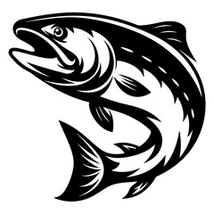 Monochrome Illustration of a Jumping Fish with Detailed Line Work and Fins