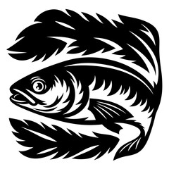 Monochrome graphic illustration of a fish swimming among stylized seaweed plants