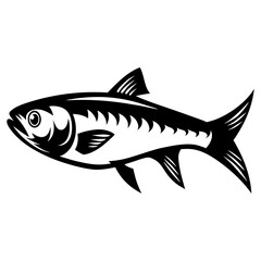 Stylized monochrome illustration of a fish swimming against a white background