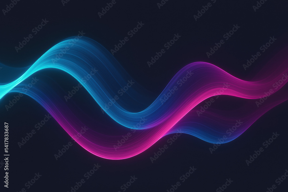 Poster dynamic abstract waveforms in vibrant cyan and magenta hues across a deep charcoal background symbol