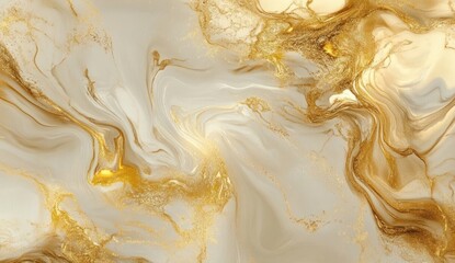 Abstract background with swirling gold and white colors creating a marble-like texture.