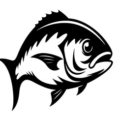 Stylized black and white illustration of a powerful swimming fish design