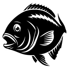Black and white fish illustration with detailed fins and open mouth