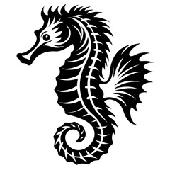 Elegant black and white seahorse illustration with detailed fin and tail designs