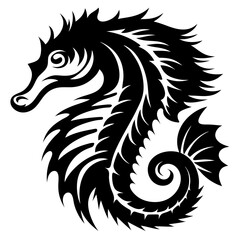 Elegant seahorse illustration in black and white with intricate detailed design