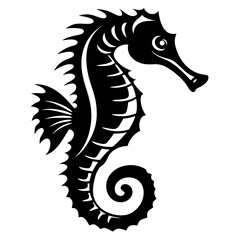 Black silhouette of a seahorse with intricate details and white background