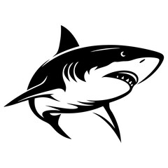 Powerful monochrome great white shark illustration with sharp teeth and dorsal fin