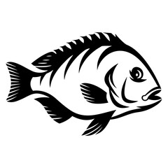 Stylized depiction of a fish in black and white graphic design