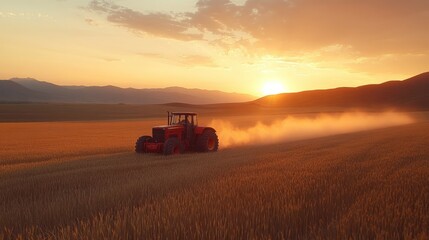 Fototapeta premium Red tractor plowing golden wheat field at sunset over mountains