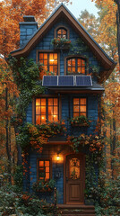 Fototapeta premium Autumn Cottage Illustration: Solar Powered Home in Woods