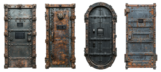 Set of Rusty and intricate doors with mechanical designs and textures. isolate on transparent background