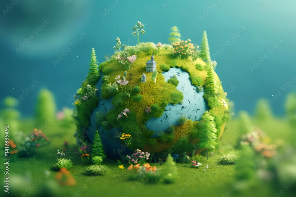 Poster 緑豊かな地球儀と草地の景色 草花と植物が球体を覆う 青色の背景に鮮やかな自然の色彩