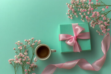 Photo of a pastel green gift box with a pink ribbon, placed in the top right corner, next to a cup of coffee and baby's breath flowers, against an isolated mint background