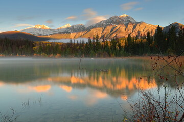 Long exposure sunrise image: Patricia Lake and Pyramid and Cairngorm Mountains, seen northwestward...