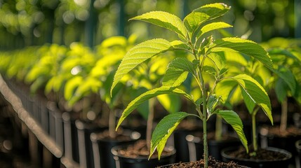 Obraz premium Young plants in pots, greenhouse, sunlight, growth