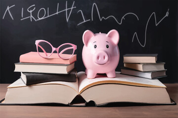 Scholarship concept for student and college success. College and university tuition. Investment, scholarship, loan. Pink piggy bank on book with chalkboard background. 