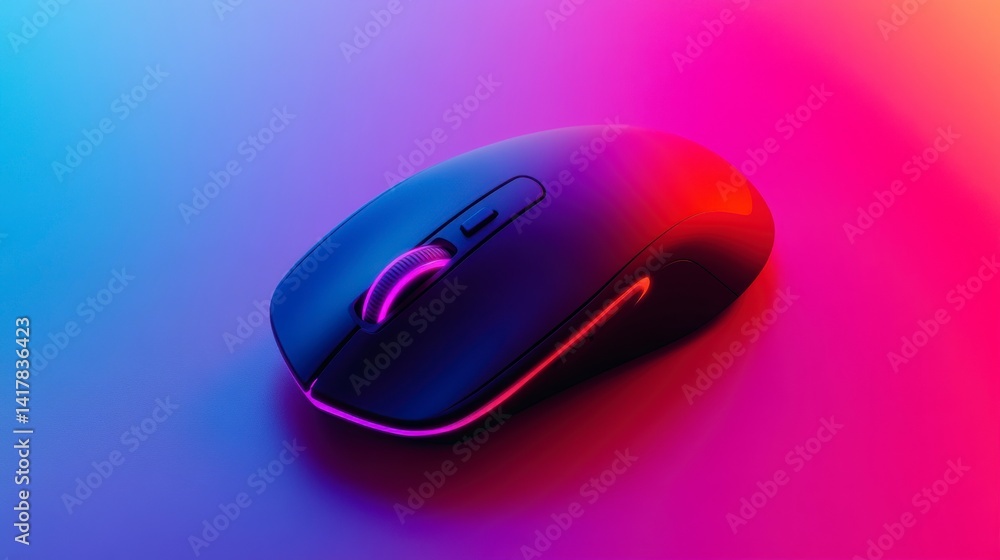 Poster wireless computer mouse illuminated with vibrant pink and blue neon lights on a gradient background.