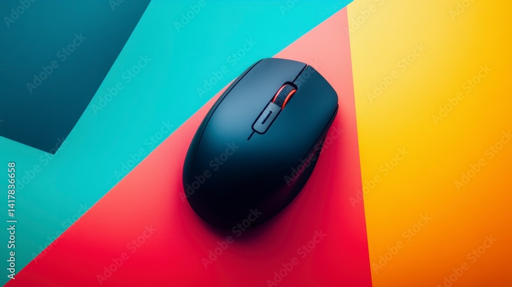 Aufkleber black wireless computer mouse on colorful background.