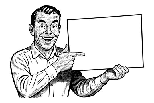 man pointing blank sign 1950s retro vector illustration style