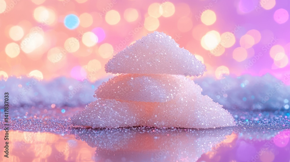 Poster pyramids of sugar crystals glimmering on a reflective surface with colorful bokeh