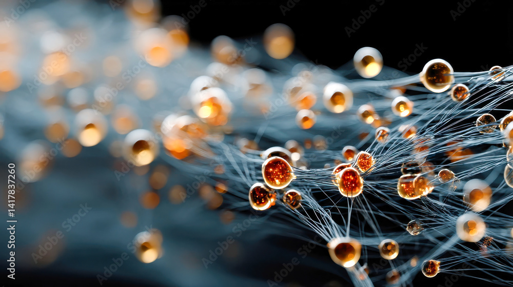 Poster complex neural network visualization with glowing orange nodes and connected threads, concept of ai 