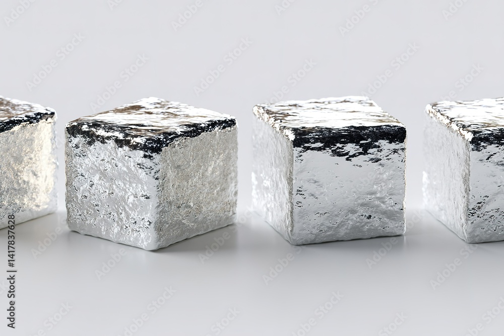 Poster silver metal cubes arranged in a row on a minimalistic surface create a modern aesthetic showcasing 
