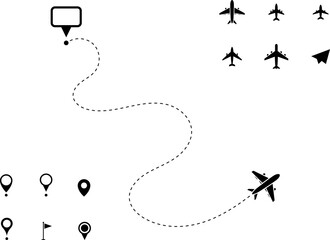 Airplane routes set. Aircraft planes tracking, travel, location pins, map pins. Plane, airplane, aircraft paths