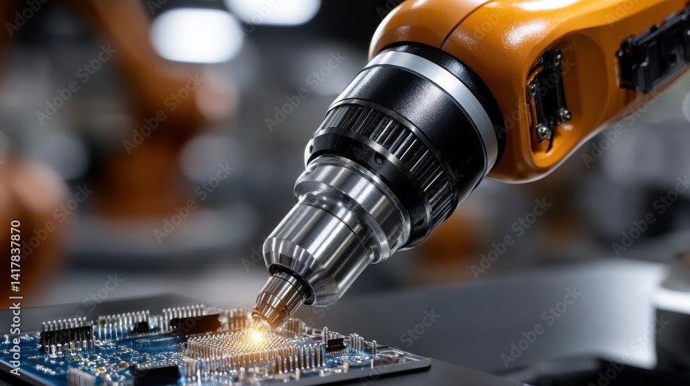 Poster a robot is using a drill to make a hole in a piece of electronic equipment