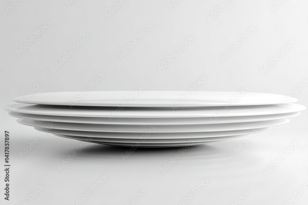 Poster stack of white dinner plates arranged neatly on a smooth surface in a minimalistic setting