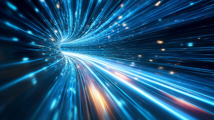 Fototapeta premium Abstract digital illustrations showing radiant blue and white light trails racing through space. Dynamic visuals symbolize speed, futuristic travel, and data flow.