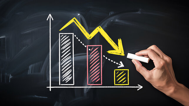 Business Decline Chart on Blackboard with Hand Holding Chalk Stock Market Crash, Downtrend and Financial Crisis