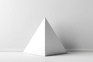 Minimalist white pyramid sculpture positioned against a clean, pale wall in a modern interior space during daylight