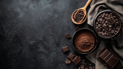 Chocolate ingredients and coffee beans on moody stone background