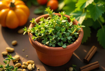 A small green plant in a terracotta pot, surrounded by scattered nuts and small pumpkins, with green leaves in the background