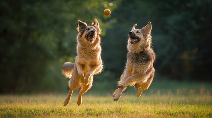 two dogs jumping for a ball