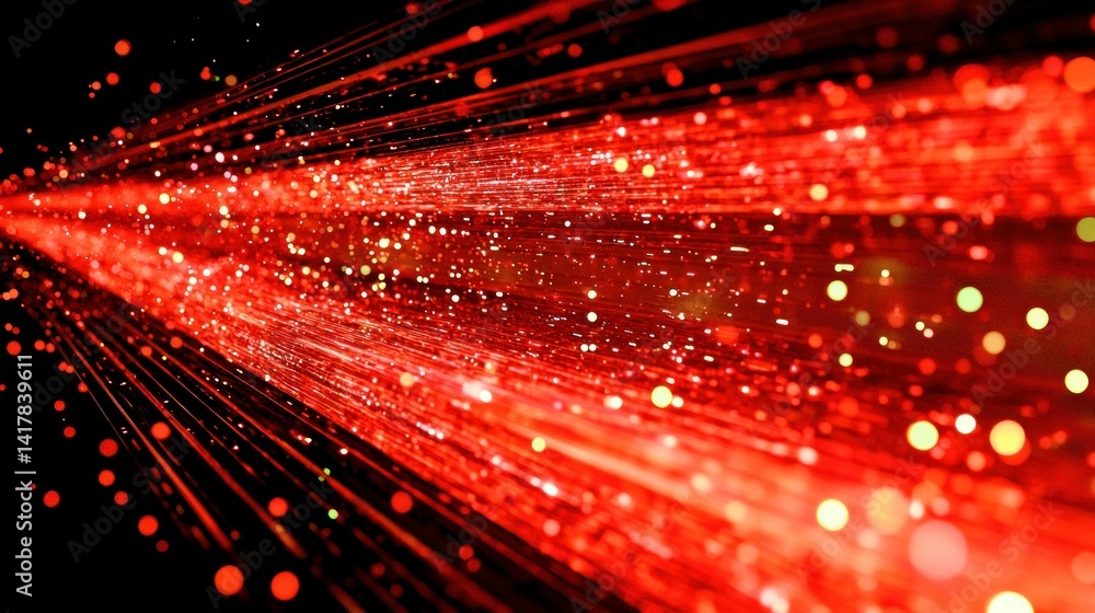 Poster red particle streams streak across black, glowing with light and bokeh effects