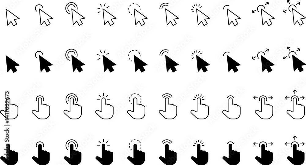 Poster computer mouse click cursor black arrow icons set. cursor icon. mouse click cursor collection.