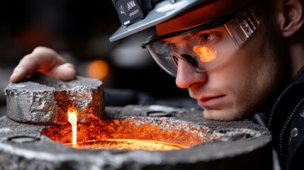 A man wearing a hard hat and safety glasses is looking into a furnace