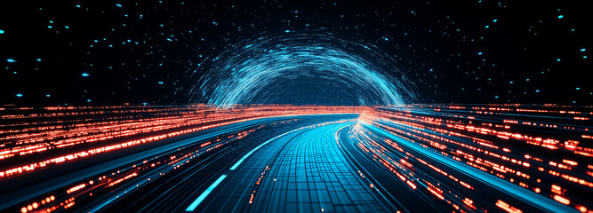 Fototapeta premium Digital Highway: A futuristic representation of the digital highway. Data streams flowing, forming a tunnel shape and symbolizing the speed of technology.