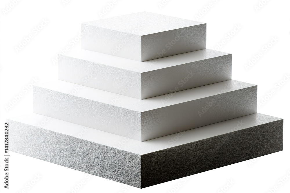 Poster geometric arrangement of white display blocks stacked in a pyramid shape on a neutral background for
