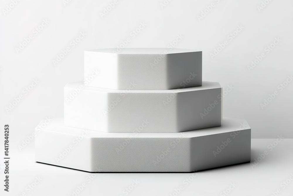 Poster minimalist hexagonal display stands arranged in ascending order on a white background for product pr