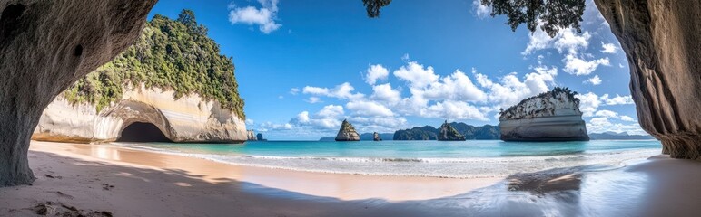 Fototapeta premium Tropical beach view from a cave with rock formations and blue sky.