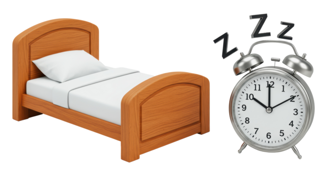 Isolated Bed with Alarm Clock and Zzz Symbolizing Sleep and Rest