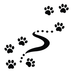 A winding trail of black paw prints marches diagonally across a clean white surface.