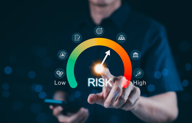 Risk assessment and management performance indicator gauge. Risk level gauge from low to high,...