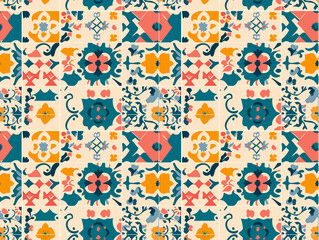 A vibrant geometric and stylized tile pattern