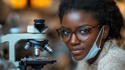 African woman scientist in a lab, working with a microscope wearing glasses and a face mask, engaged in research or analysis
