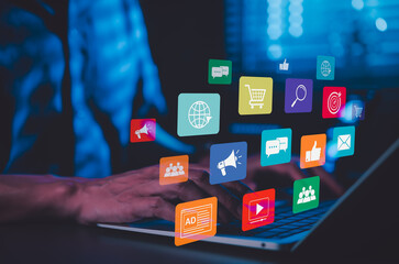 Digital marketing and social media strategy concept. Laptop with icons for advertising, shopping,...